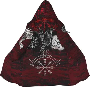 Odin Raven Men Viking Hooded Coat, Nordic Faux Cashmere Cloak 3D Printed Overcoat Winter Mid-Length Parka Jacket