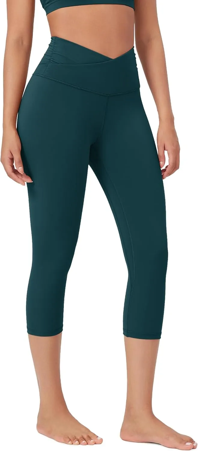 ODODOS Women's Cross Waist Yoga Capris with Inner Pocket, 19" Inseam Gathered Crossover Workout Cropped Yoga Pants