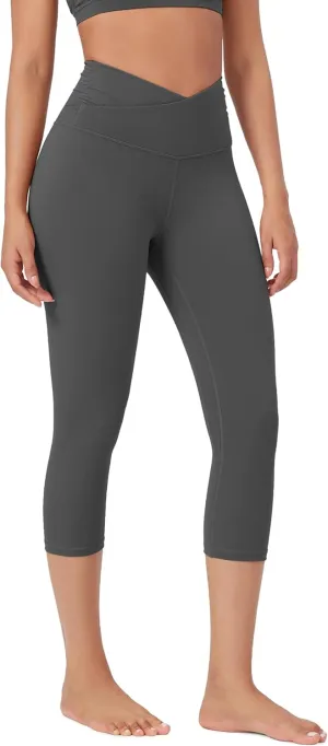 ODODOS Women's Cross Waist Yoga Capris with Inner Pocket, 19" Inseam Gathered Crossover Workout Cropped Yoga Pants