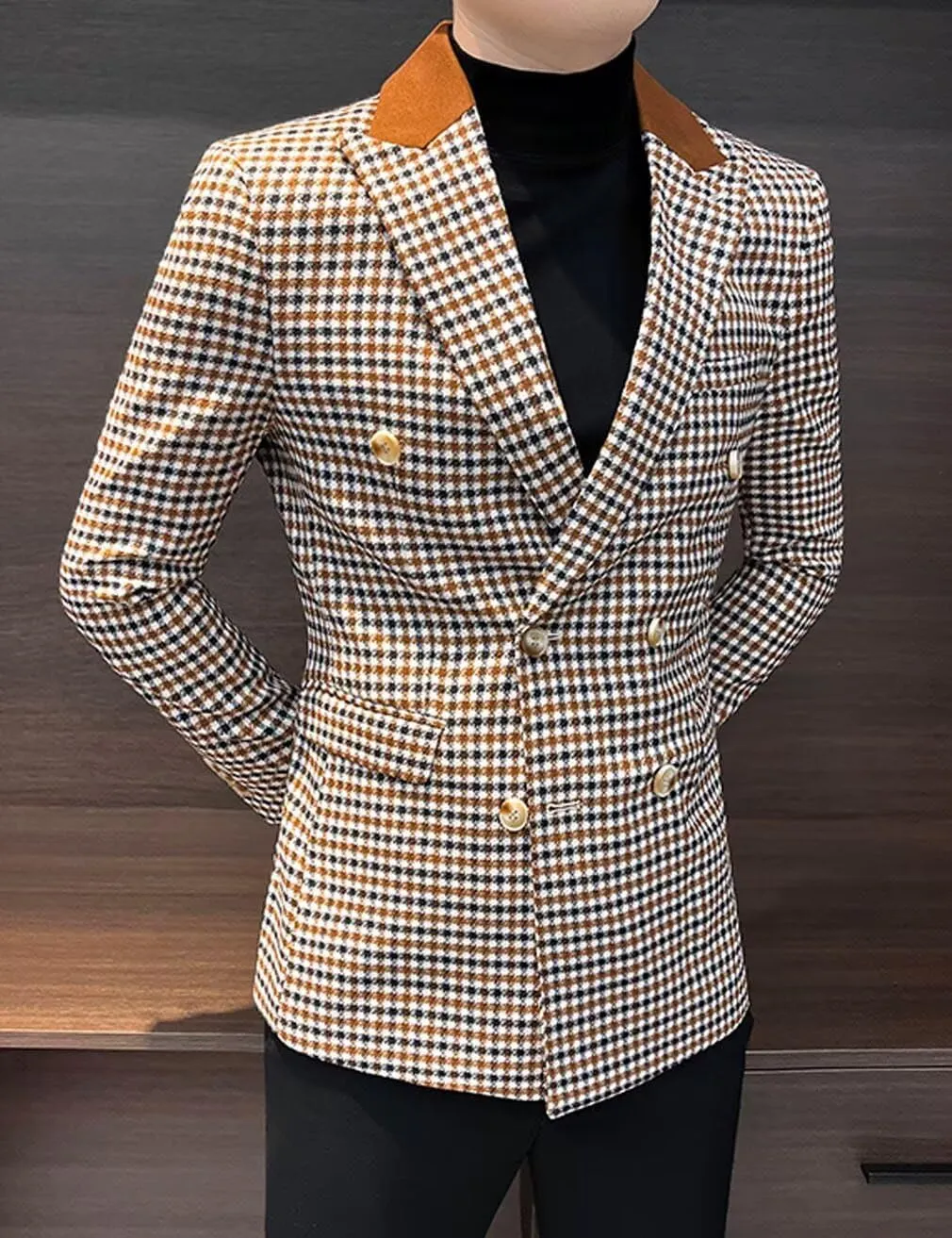ONAXTDA Elbow Patch Plaid Blazer Jacket for Men Slim Fit Fashion Splicing Collar Casual Sport Coat