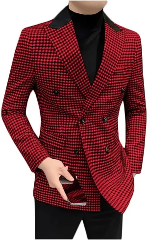 ONAXTDA Elbow Patch Plaid Blazer Jacket for Men Slim Fit Fashion Splicing Collar Casual Sport Coat