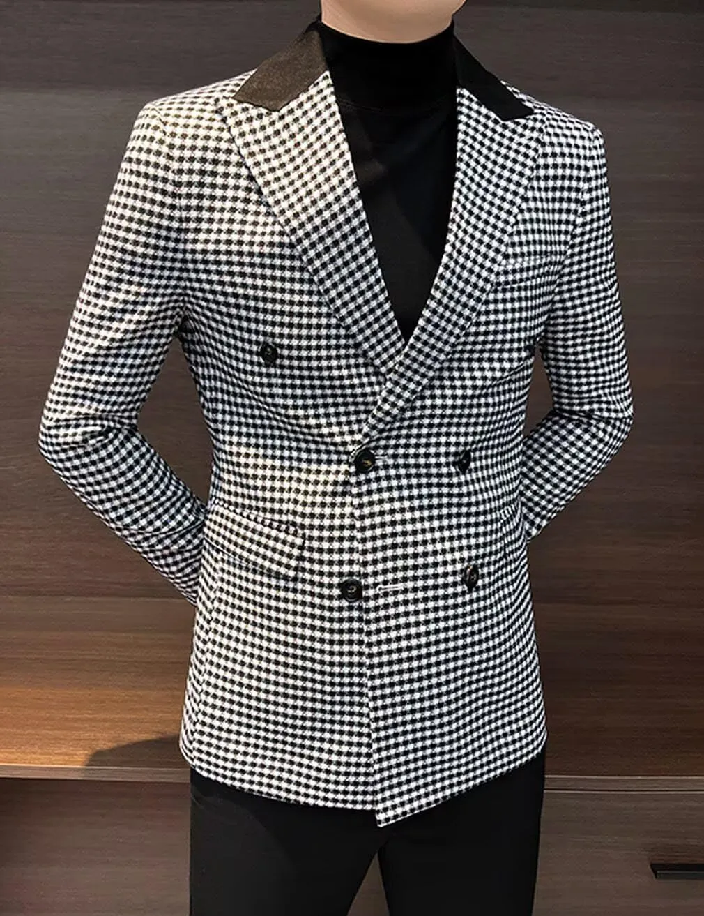 ONAXTDA Elbow Patch Plaid Blazer Jacket for Men Slim Fit Fashion Splicing Collar Casual Sport Coat
