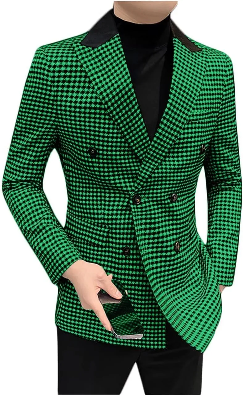 ONAXTDA Elbow Patch Plaid Blazer Jacket for Men Slim Fit Fashion Splicing Collar Casual Sport Coat