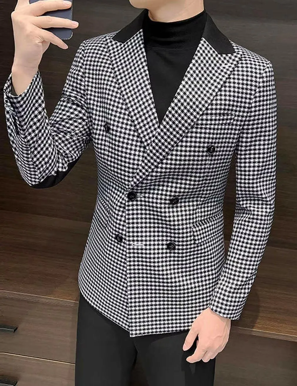 ONAXTDA Elbow Patch Plaid Blazer Jacket for Men Slim Fit Fashion Splicing Collar Casual Sport Coat