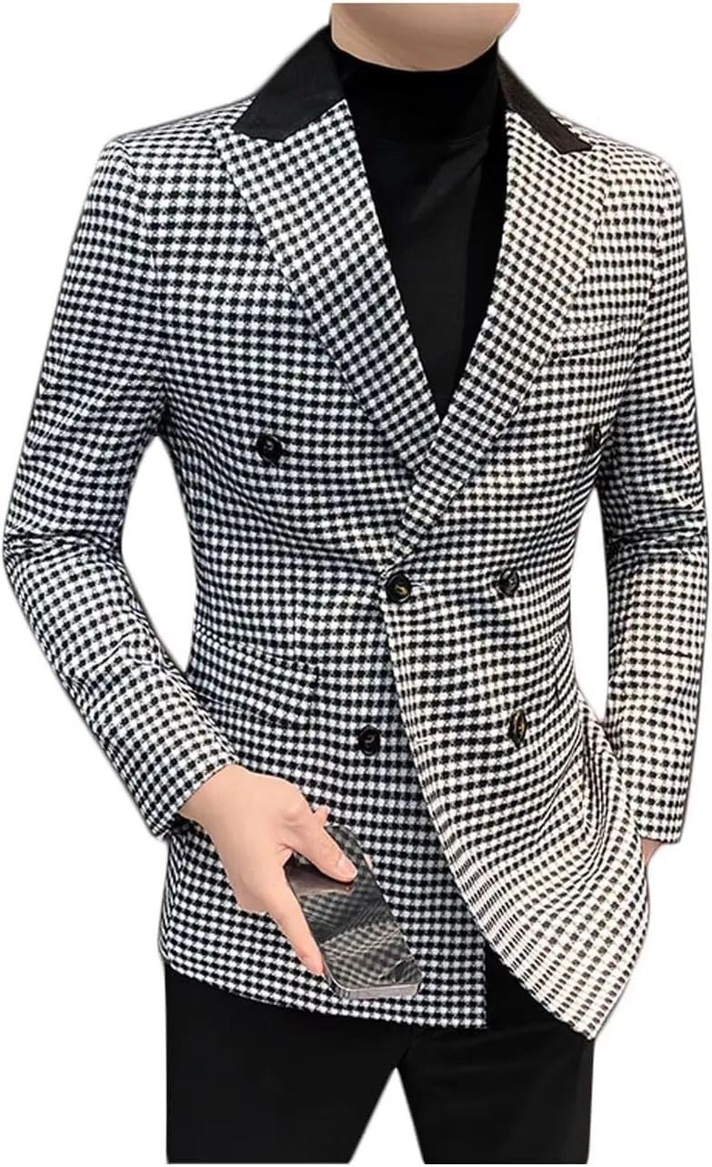 ONAXTDA Elbow Patch Plaid Blazer Jacket for Men Slim Fit Fashion Splicing Collar Casual Sport Coat