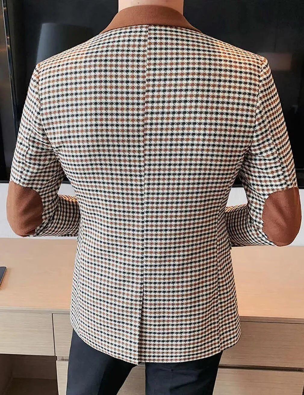 ONAXTDA Elbow Patch Plaid Blazer Jacket for Men Slim Fit Fashion Splicing Collar Casual Sport Coat
