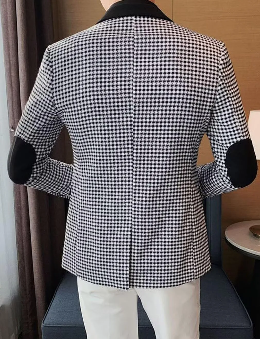ONAXTDA Elbow Patch Plaid Blazer Jacket for Men Slim Fit Fashion Splicing Collar Casual Sport Coat