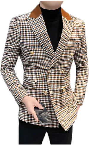 ONAXTDA Elbow Patch Plaid Blazer Jacket for Men Slim Fit Fashion Splicing Collar Casual Sport Coat