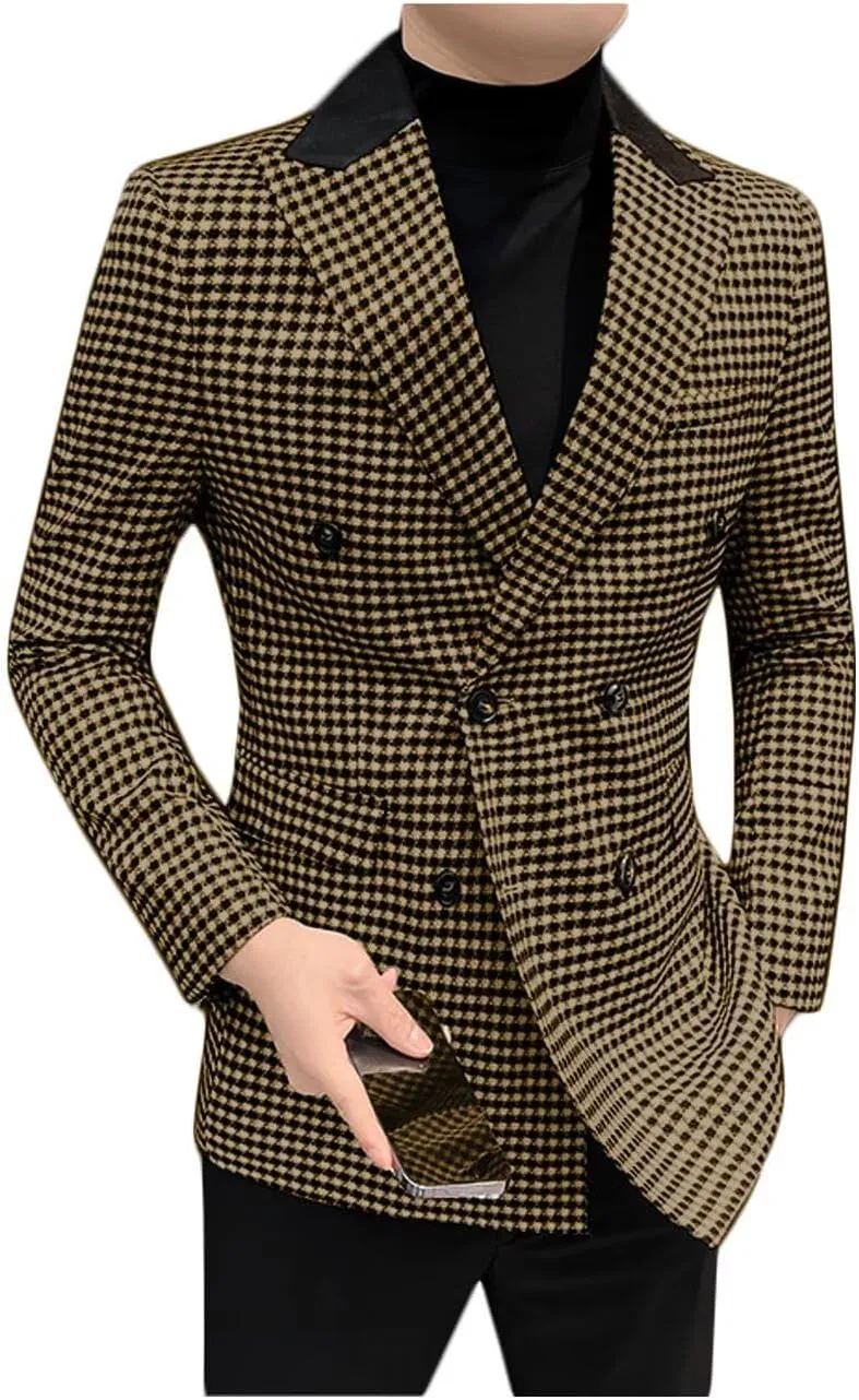 ONAXTDA Elbow Patch Plaid Blazer Jacket for Men Slim Fit Fashion Splicing Collar Casual Sport Coat