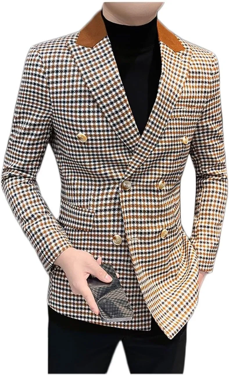 ONAXTDA Elbow Patch Plaid Blazer Jacket for Men Slim Fit Fashion Splicing Collar Casual Sport Coat
