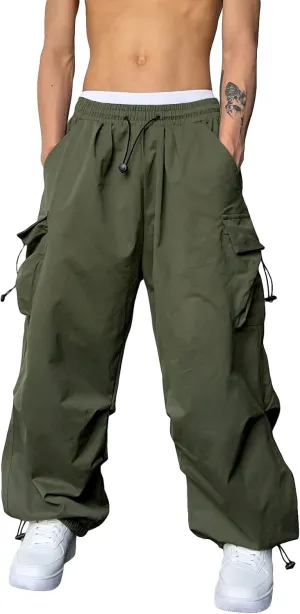OYOANGLE Men's Cargo Pants Elastic Waist Flap Pockets Hip Hop Baggy Harem Pants