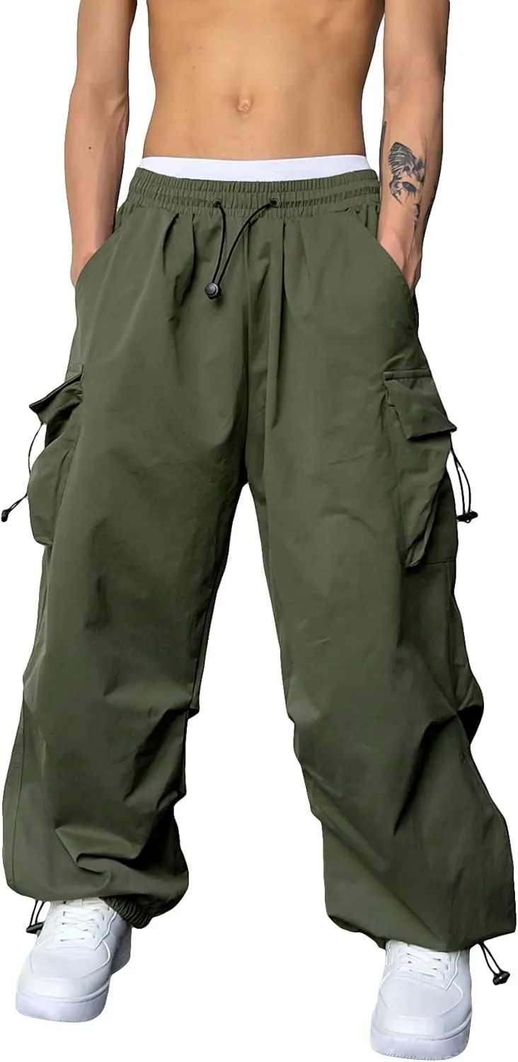 OYOANGLE Men's Cargo Pants Elastic Waist Flap Pockets Hip Hop Baggy Harem Pants