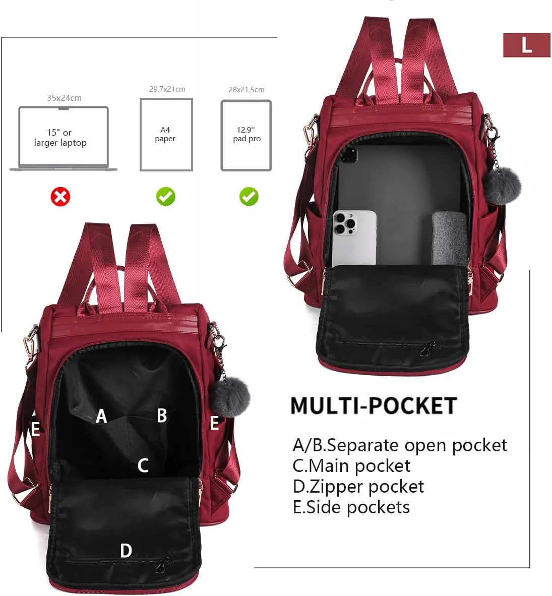 PINCNEL Women Backpack Purse Waterproof Nylon Anti-theft Rucksack Lightweight Shoulder Bag