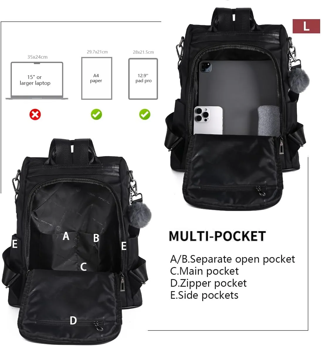 PINCNEL Women Backpack Purse Waterproof Nylon Anti-theft Rucksack Lightweight Shoulder Bag