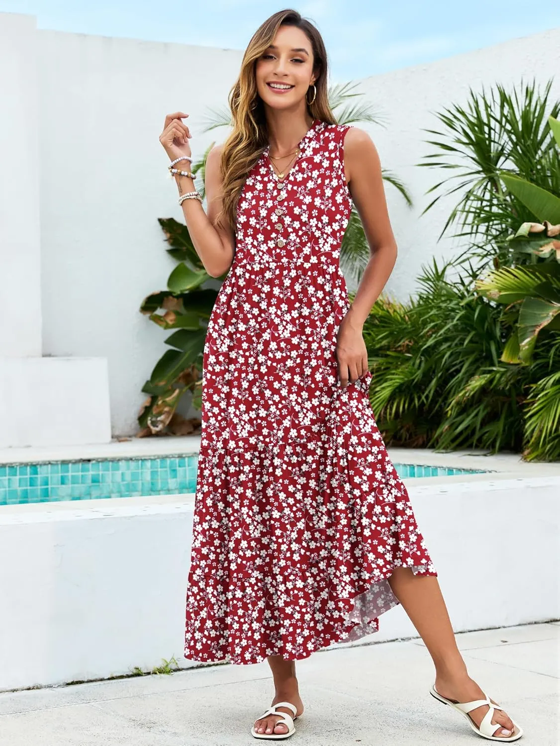 PLOKNRD Women's Casual Dress Summer Sleeveless V Neck Sundress Flowy Tiered Midi Long Beach Dress 2025 Vacation Outfits