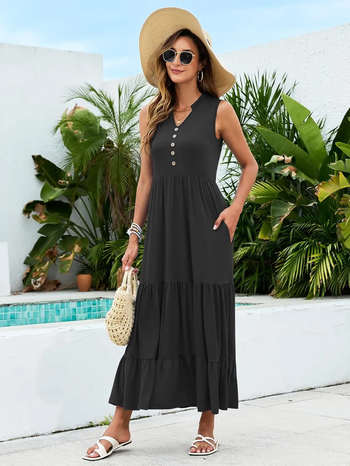 PLOKNRD Women's Casual Dress Summer Sleeveless V Neck Sundress Flowy Tiered Midi Long Beach Dress 2025 Vacation Outfits