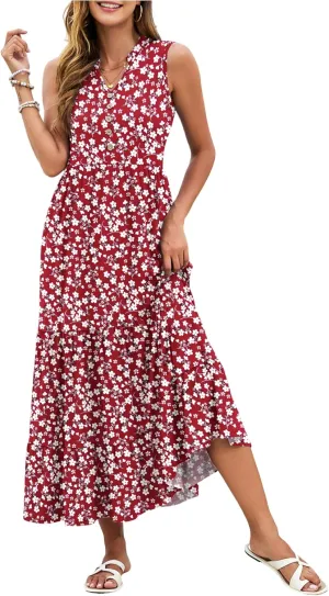 PLOKNRD Women's Casual Dress Summer Sleeveless V Neck Sundress Flowy Tiered Midi Long Beach Dress 2025 Vacation Outfits