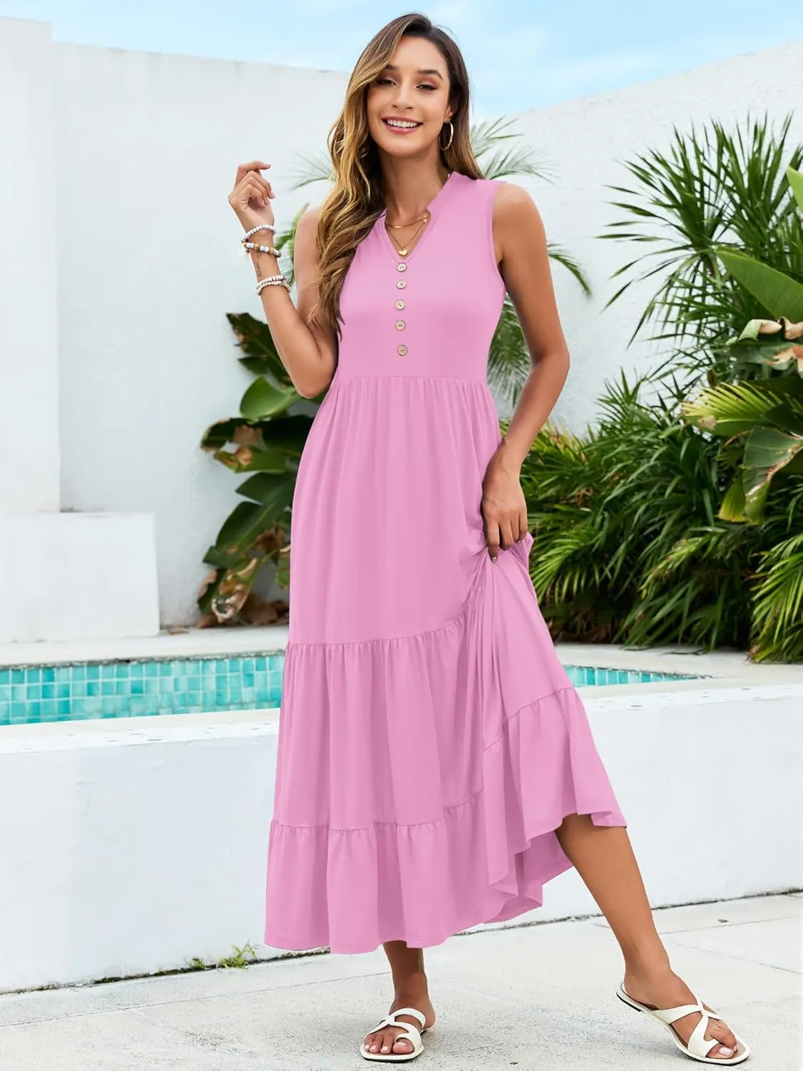 PLOKNRD Women's Casual Dress Summer Sleeveless V Neck Sundress Flowy Tiered Midi Long Beach Dress 2025 Vacation Outfits