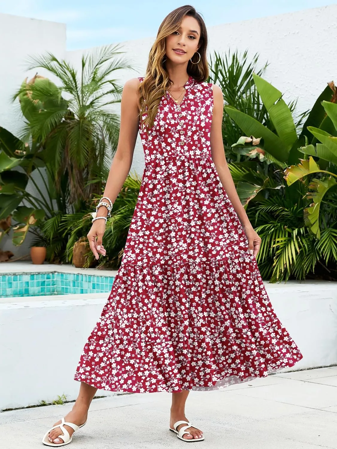 PLOKNRD Women's Casual Dress Summer Sleeveless V Neck Sundress Flowy Tiered Midi Long Beach Dress 2025 Vacation Outfits