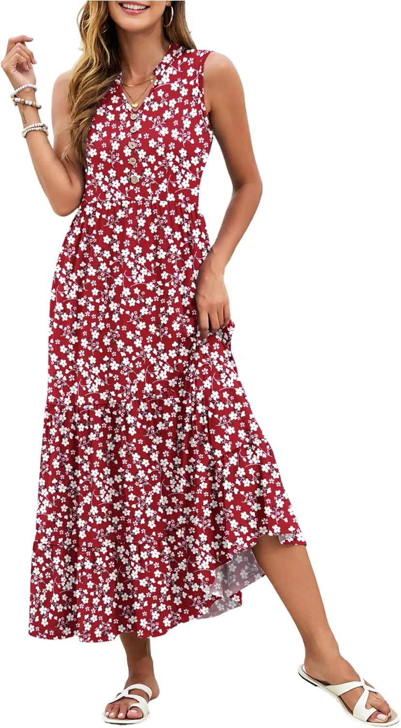 PLOKNRD Women's Casual Dress Summer Sleeveless V Neck Sundress Flowy Tiered Midi Long Beach Dress 2025 Vacation Outfits