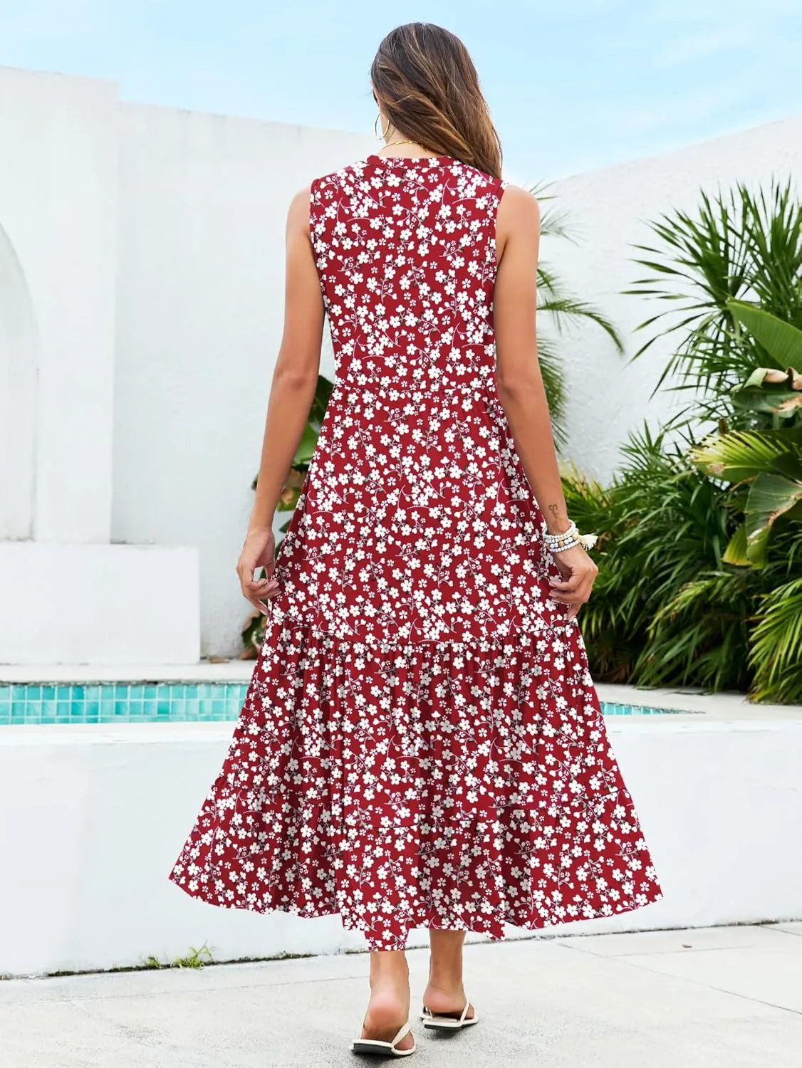 PLOKNRD Women's Casual Dress Summer Sleeveless V Neck Sundress Flowy Tiered Midi Long Beach Dress 2025 Vacation Outfits
