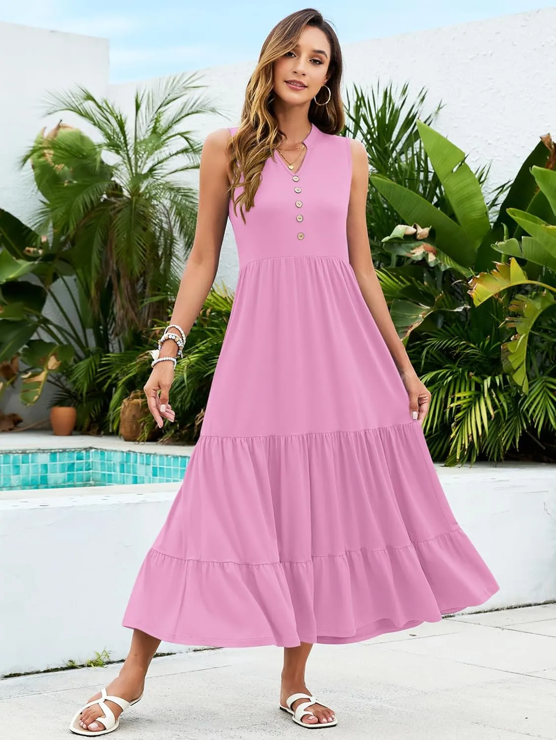 PLOKNRD Women's Casual Dress Summer Sleeveless V Neck Sundress Flowy Tiered Midi Long Beach Dress 2025 Vacation Outfits