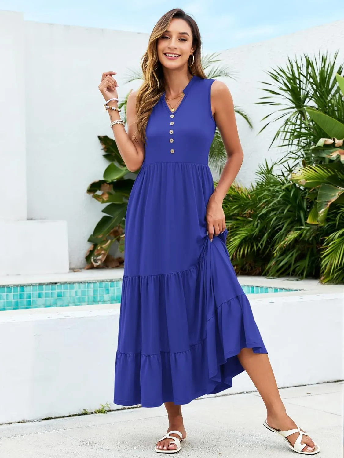 PLOKNRD Women's Casual Dress Summer Sleeveless V Neck Sundress Flowy Tiered Midi Long Beach Dress 2025 Vacation Outfits