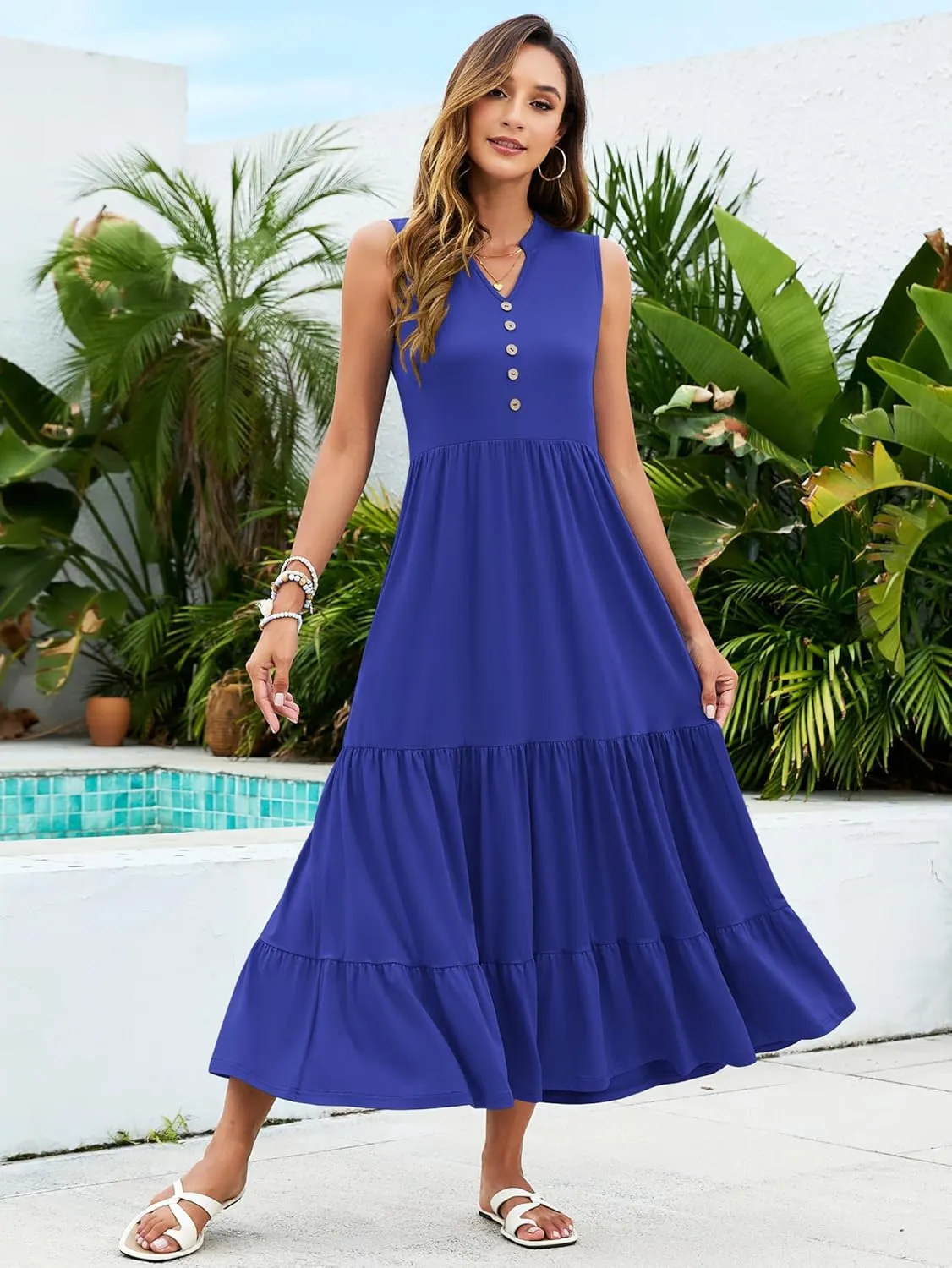 PLOKNRD Women's Casual Dress Summer Sleeveless V Neck Sundress Flowy Tiered Midi Long Beach Dress 2025 Vacation Outfits