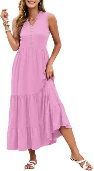 PLOKNRD Women's Casual Dress Summer Sleeveless V Neck Sundress Flowy Tiered Midi Long Beach Dress 2025 Vacation Outfits