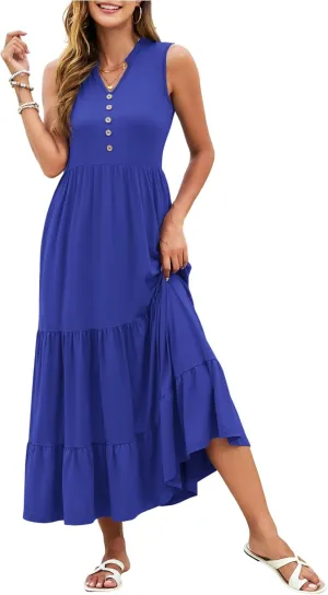 PLOKNRD Women's Casual Dress Summer Sleeveless V Neck Sundress Flowy Tiered Midi Long Beach Dress 2025 Vacation Outfits