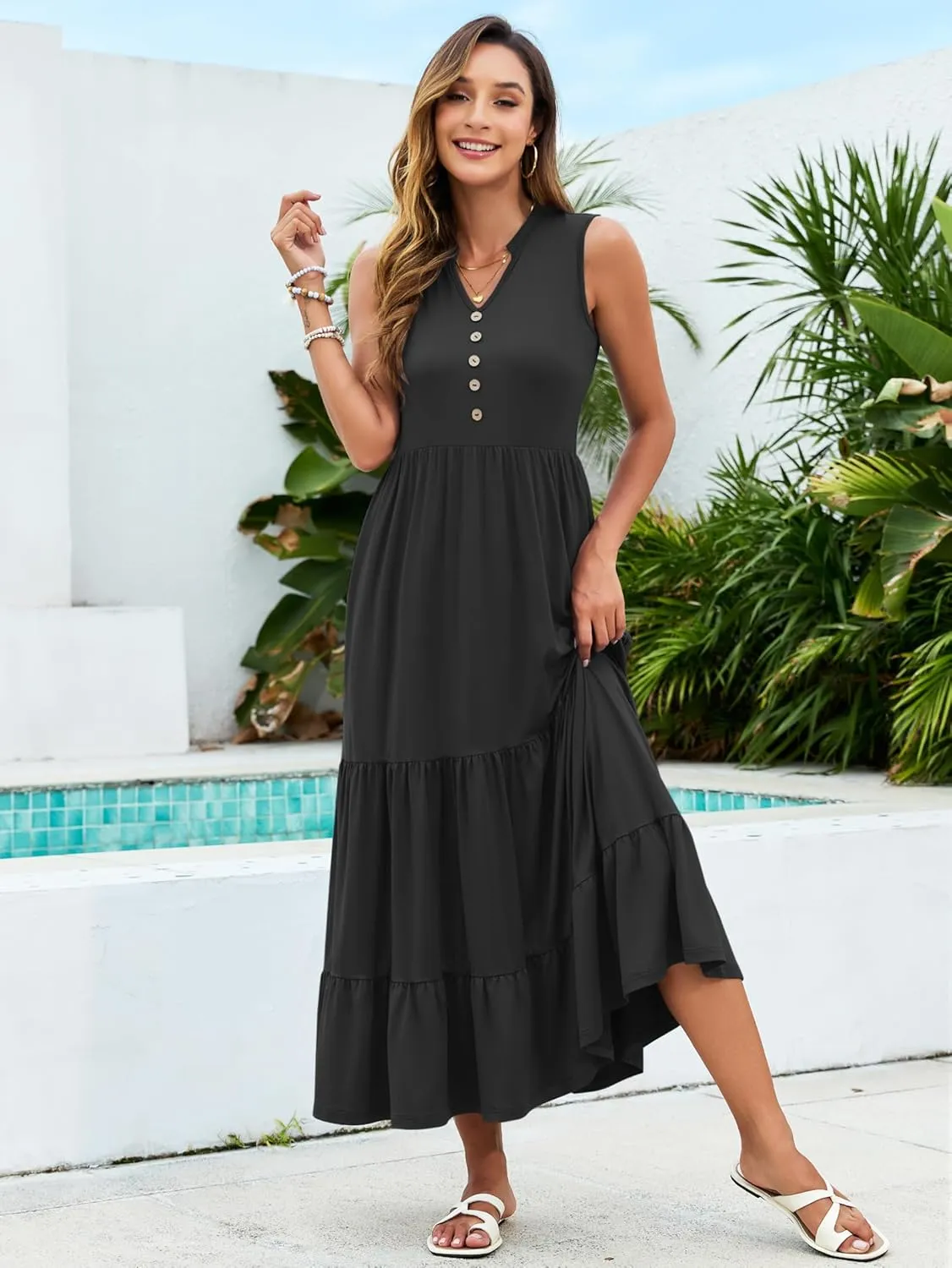 PLOKNRD Women's Casual Dress Summer Sleeveless V Neck Sundress Flowy Tiered Midi Long Beach Dress 2025 Vacation Outfits
