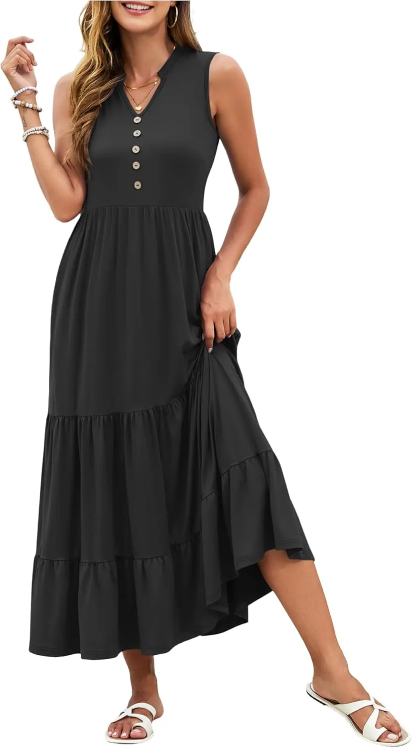 PLOKNRD Women's Casual Dress Summer Sleeveless V Neck Sundress Flowy Tiered Midi Long Beach Dress 2025 Vacation Outfits