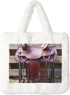 Plush Tote Handbag for Women,Fluffy Soft Handbags for Fall and Winter,with Horse Saddle with a Cowboy Hat Wild Print