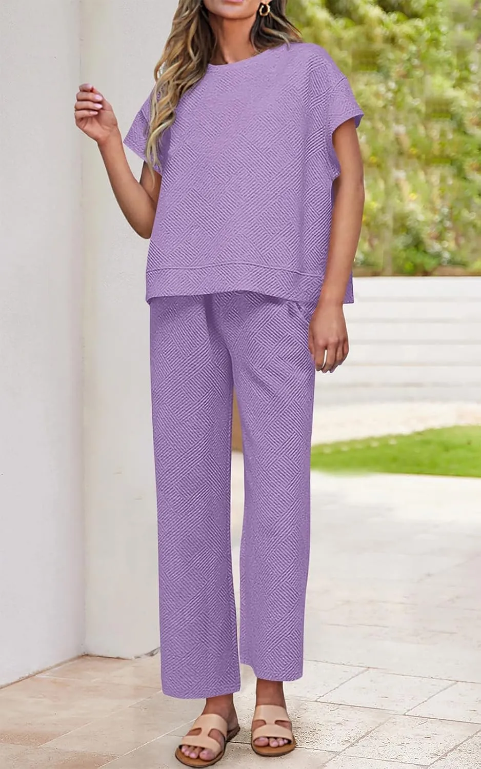 PRETTYGARDEN 2 Piece Outfits For Women Casual Tracksuit Short Sleeve Tops And Wide Leg Long Pants Matching Lounge Sets