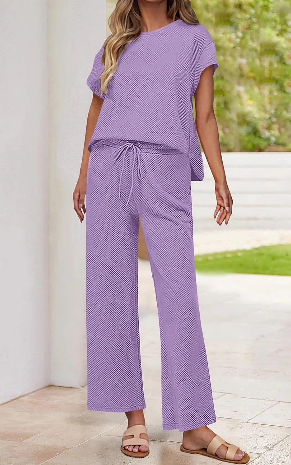 PRETTYGARDEN 2 Piece Outfits For Women Casual Tracksuit Short Sleeve Tops And Wide Leg Long Pants Matching Lounge Sets