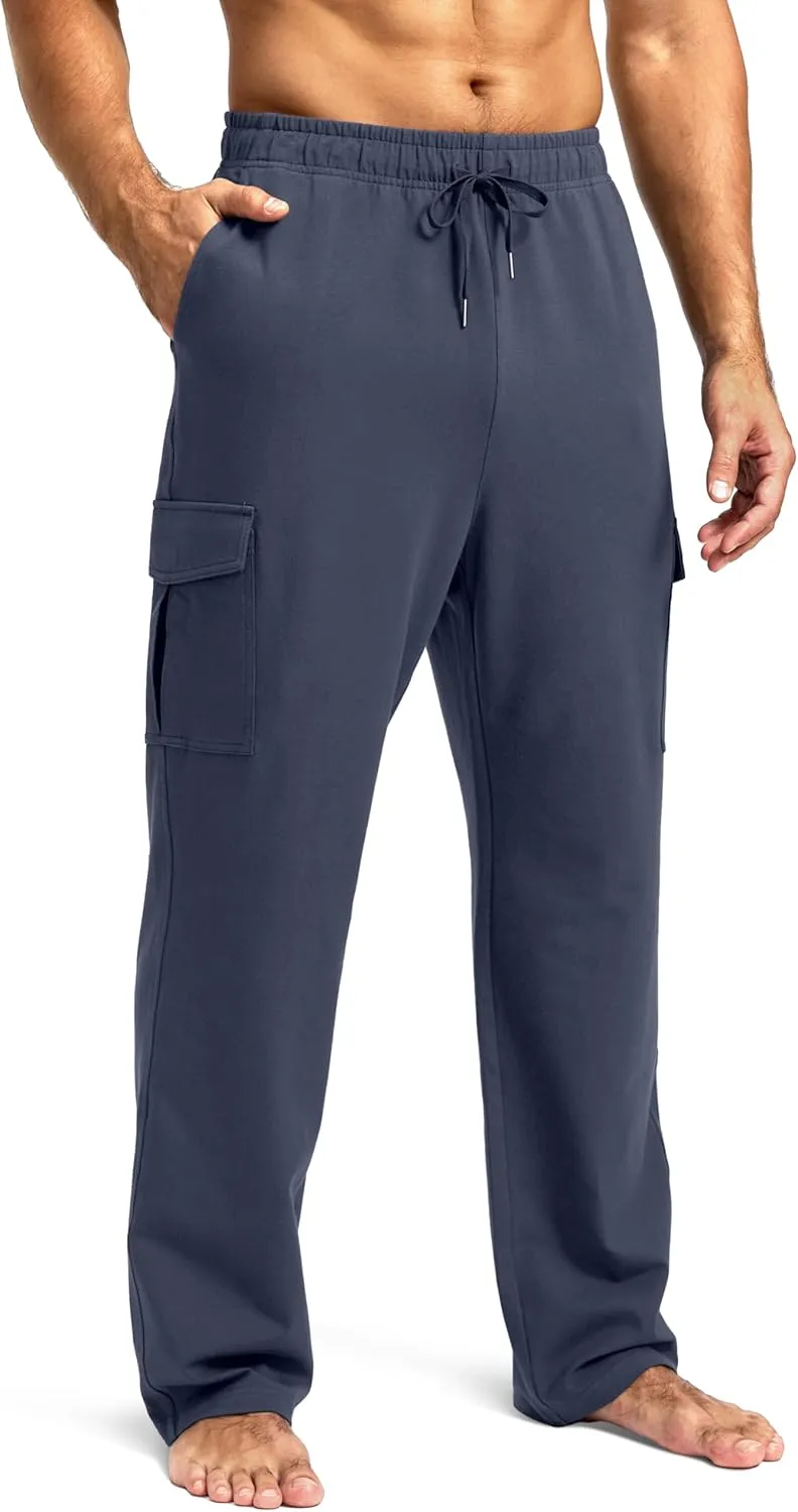 Pudolla Men's Cotton Sweatpants with Cargo Pockets Open Bottom Yoga Pants for Men Lounge Pants for Athletic Workout Casual