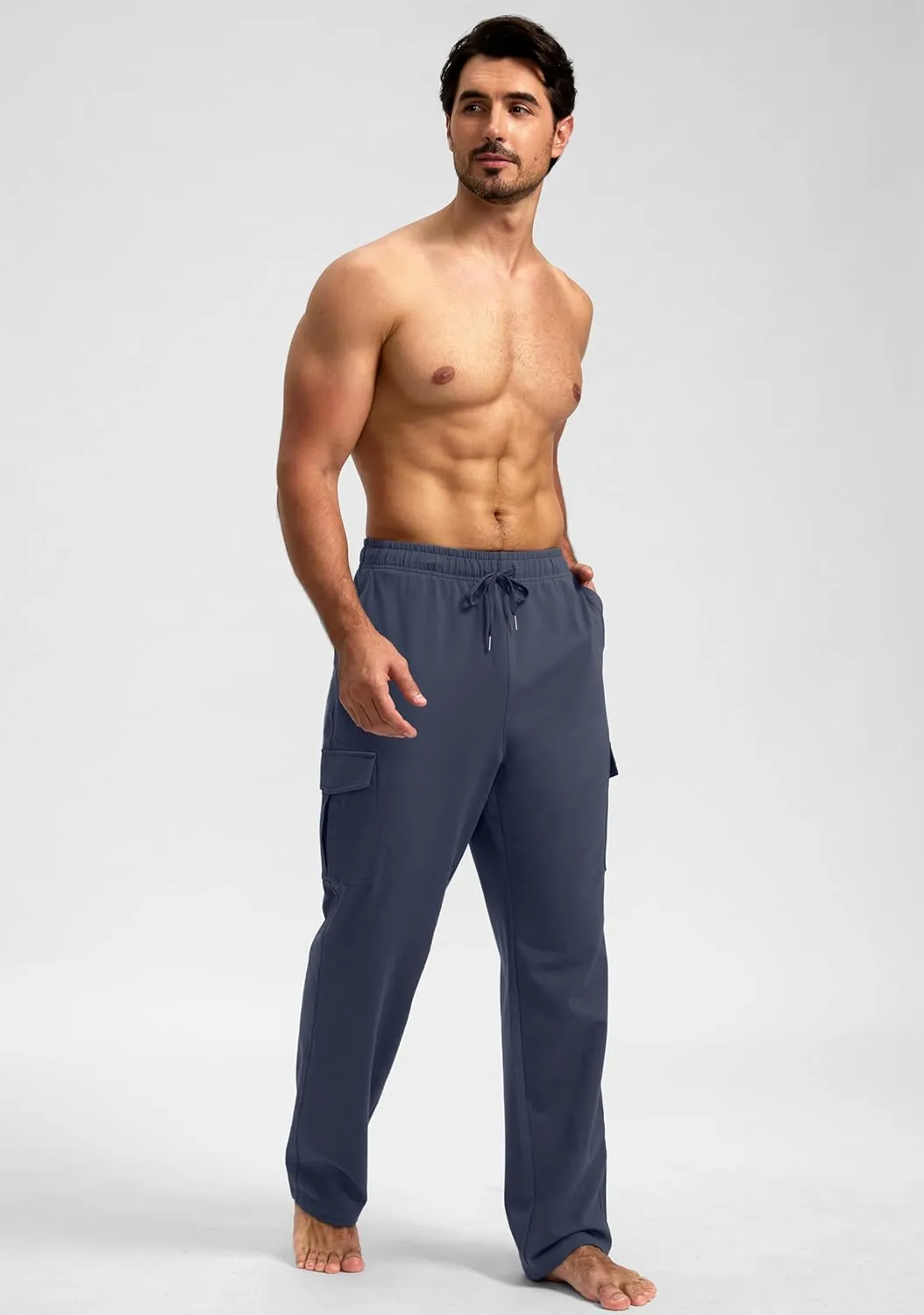 Pudolla Men's Cotton Sweatpants with Cargo Pockets Open Bottom Yoga Pants for Men Lounge Pants for Athletic Workout Casual