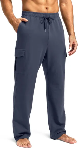 Pudolla Men's Cotton Sweatpants with Cargo Pockets Open Bottom Yoga Pants for Men Lounge Pants for Athletic Workout Casual