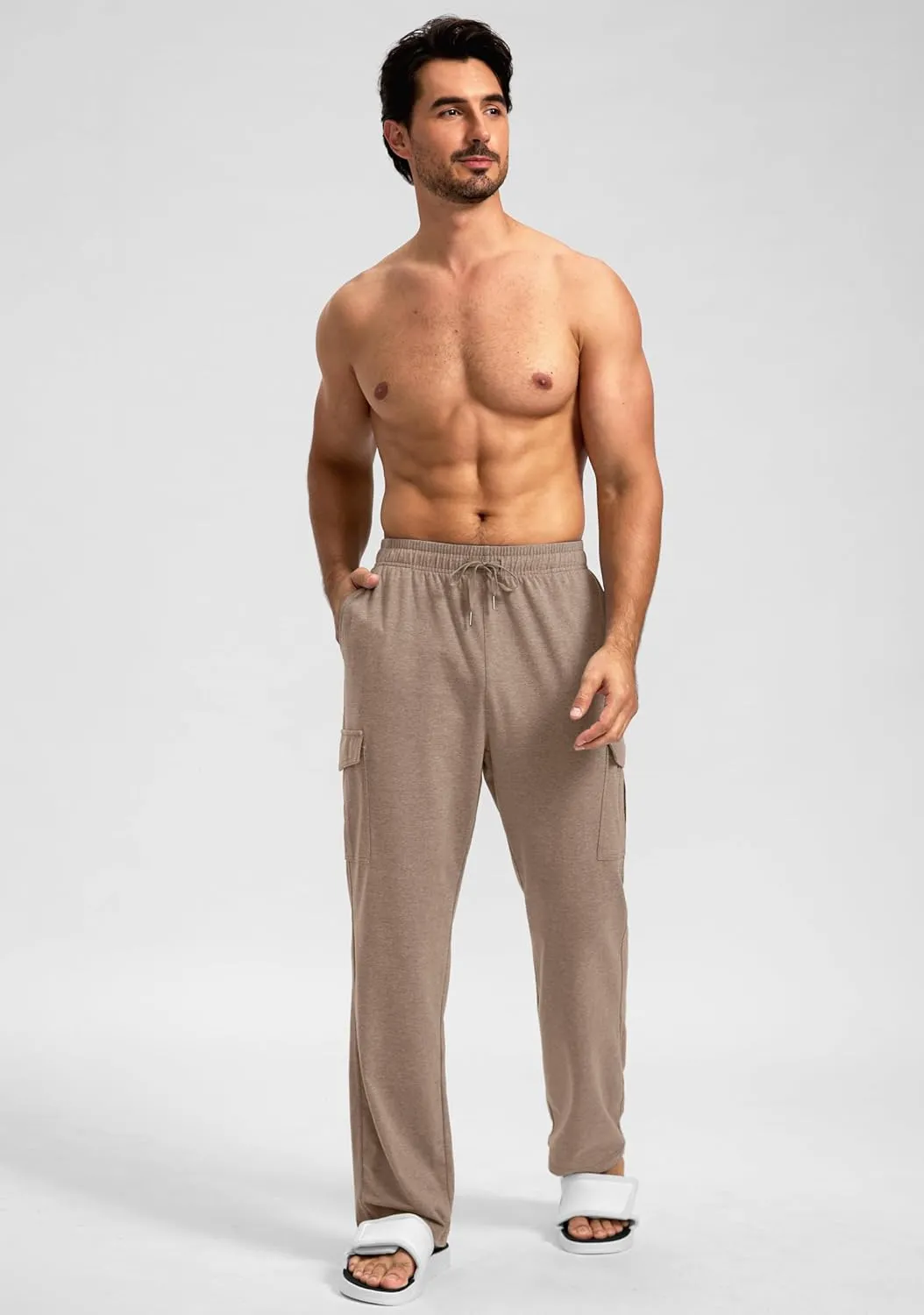 Pudolla Men's Cotton Sweatpants with Cargo Pockets Open Bottom Yoga Pants for Men Lounge Pants for Athletic Workout Casual