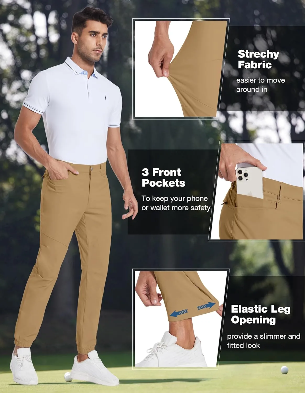 PULI Men's Stretch Golf Joggers Pants with 4 Pockets Waterproof Slim Fit Hiking Casual Travel Work Pants for Men