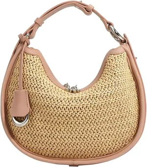 Raffia Straw Purse for Women Genuine Leather Hobo Purse Summer Beach Bag Trendy Shoulder Bag Moon Bag for Vacation 2024