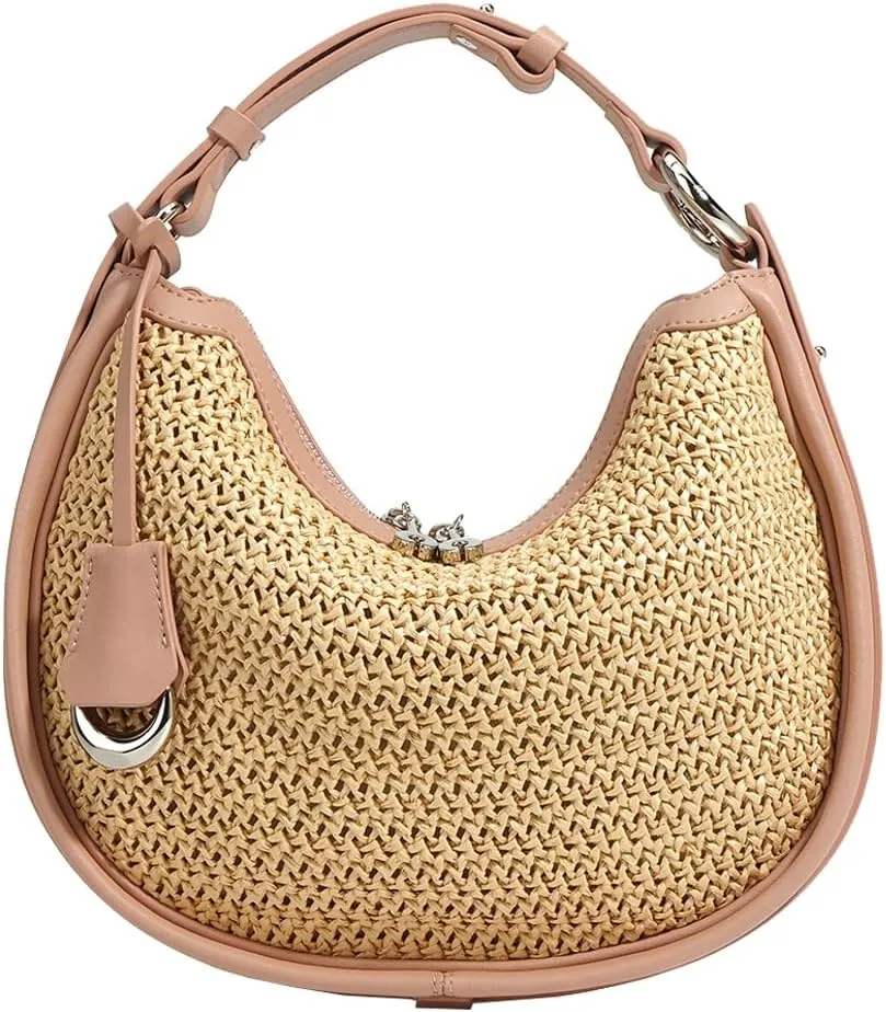 Raffia Straw Purse for Women Genuine Leather Hobo Purse Summer Beach Bag Trendy Shoulder Bag Moon Bag for Vacation 2024