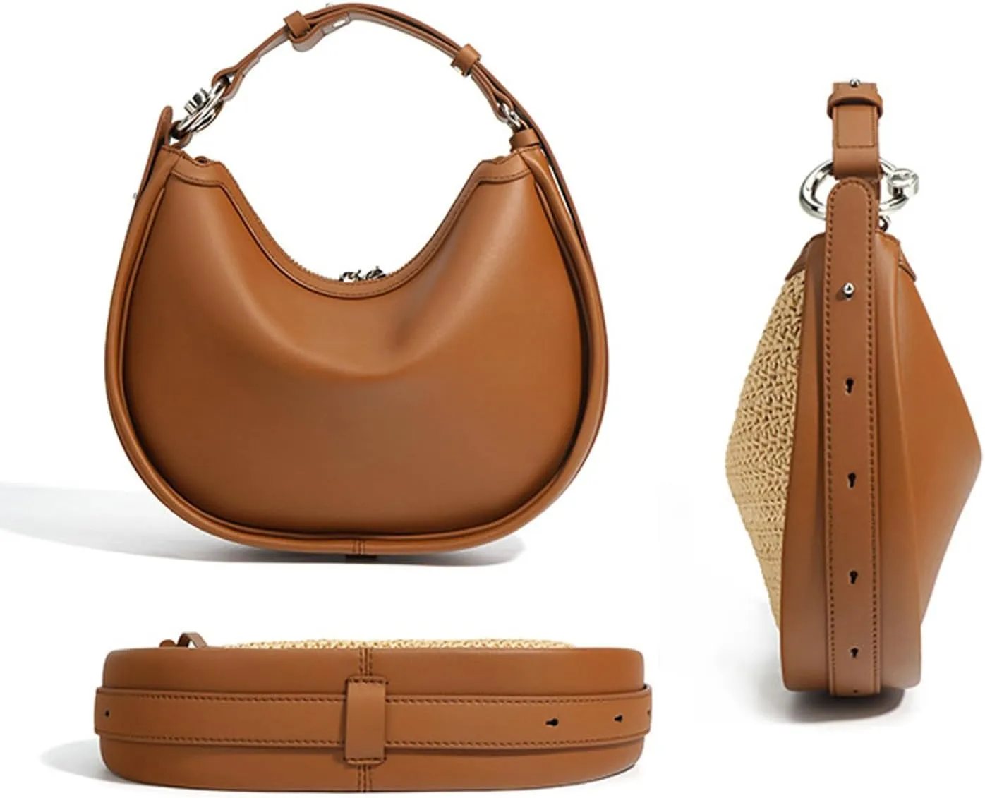 Raffia Straw Purse for Women Genuine Leather Hobo Purse Summer Beach Bag Trendy Shoulder Bag Moon Bag for Vacation 2024