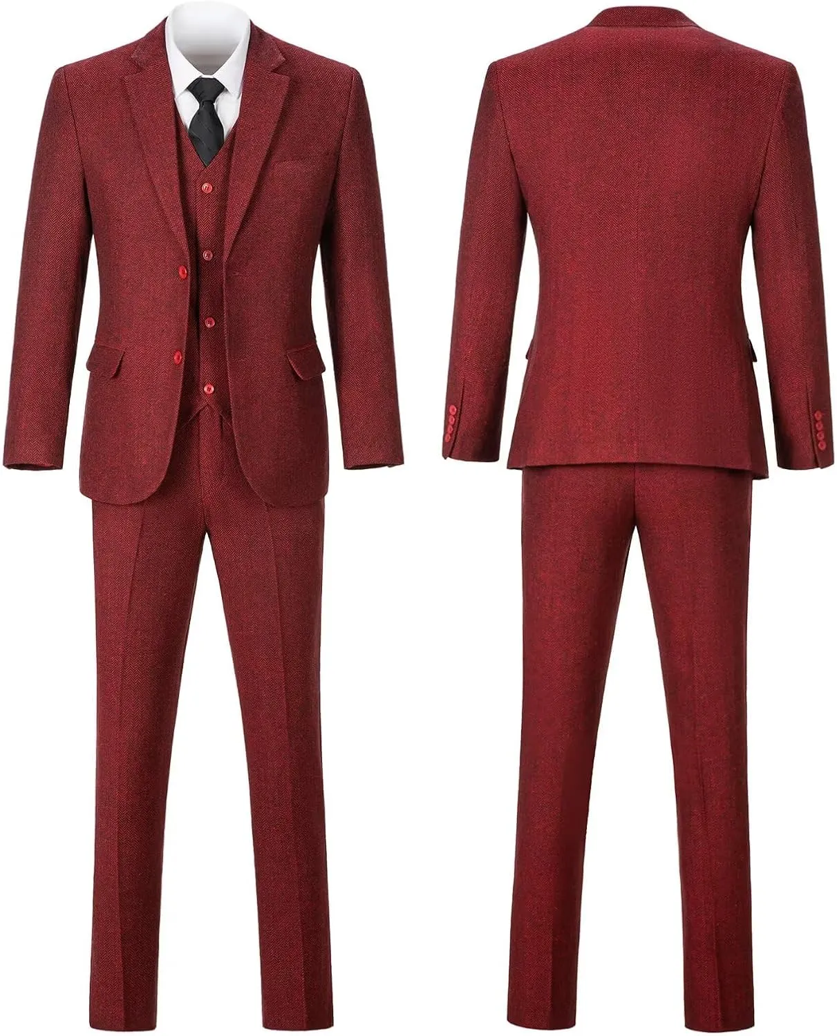 Retro 3 Piece Suit Tweed Herringbone Men's Suits Slim Fit Groom Tuxedos Set Prom Brown Grey Jacket Blazer Vest Pants