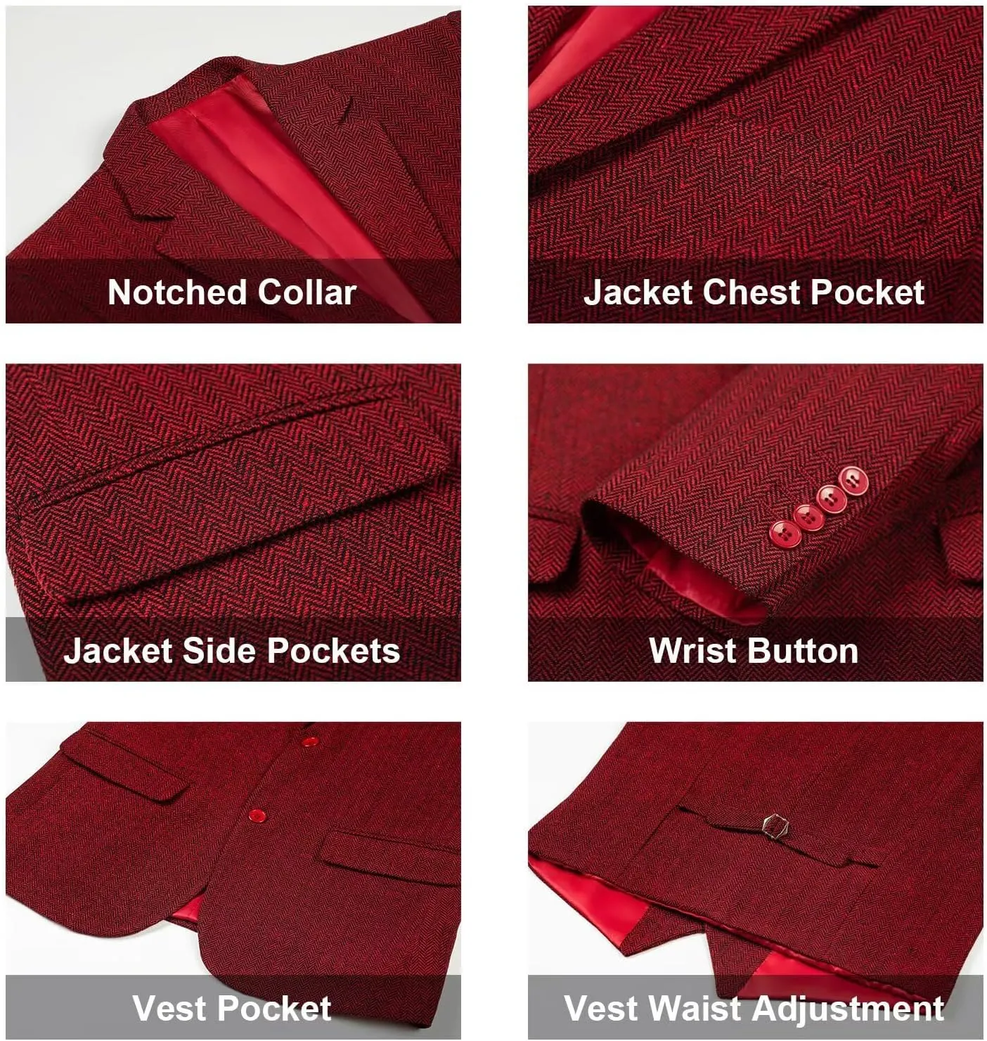 Retro 3 Piece Suit Tweed Herringbone Men's Suits Slim Fit Groom Tuxedos Set Prom Brown Grey Jacket Blazer Vest Pants