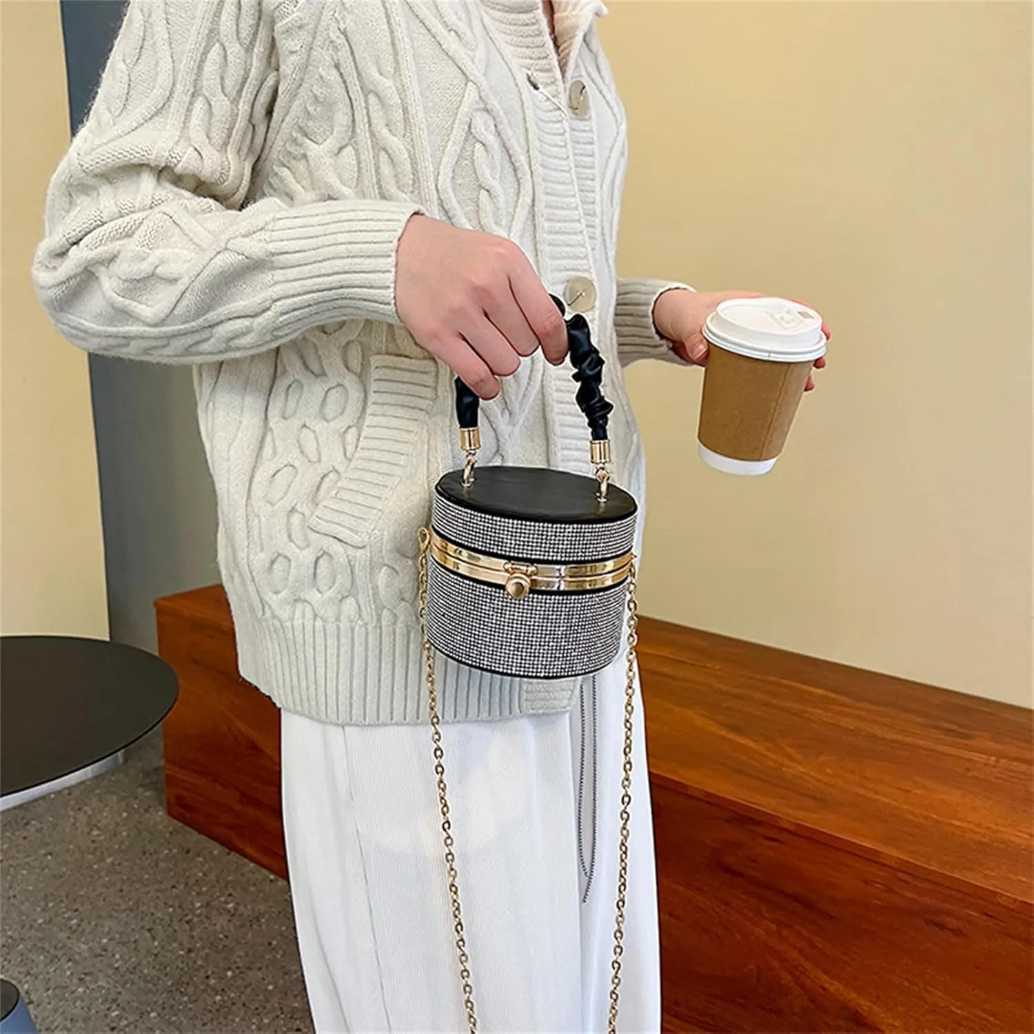 Rhinestone Bucket Bag Lady Purse Evening Bag Party Chain Bag Wedding Tote for Women Girl Crossbody Shoulder Bag