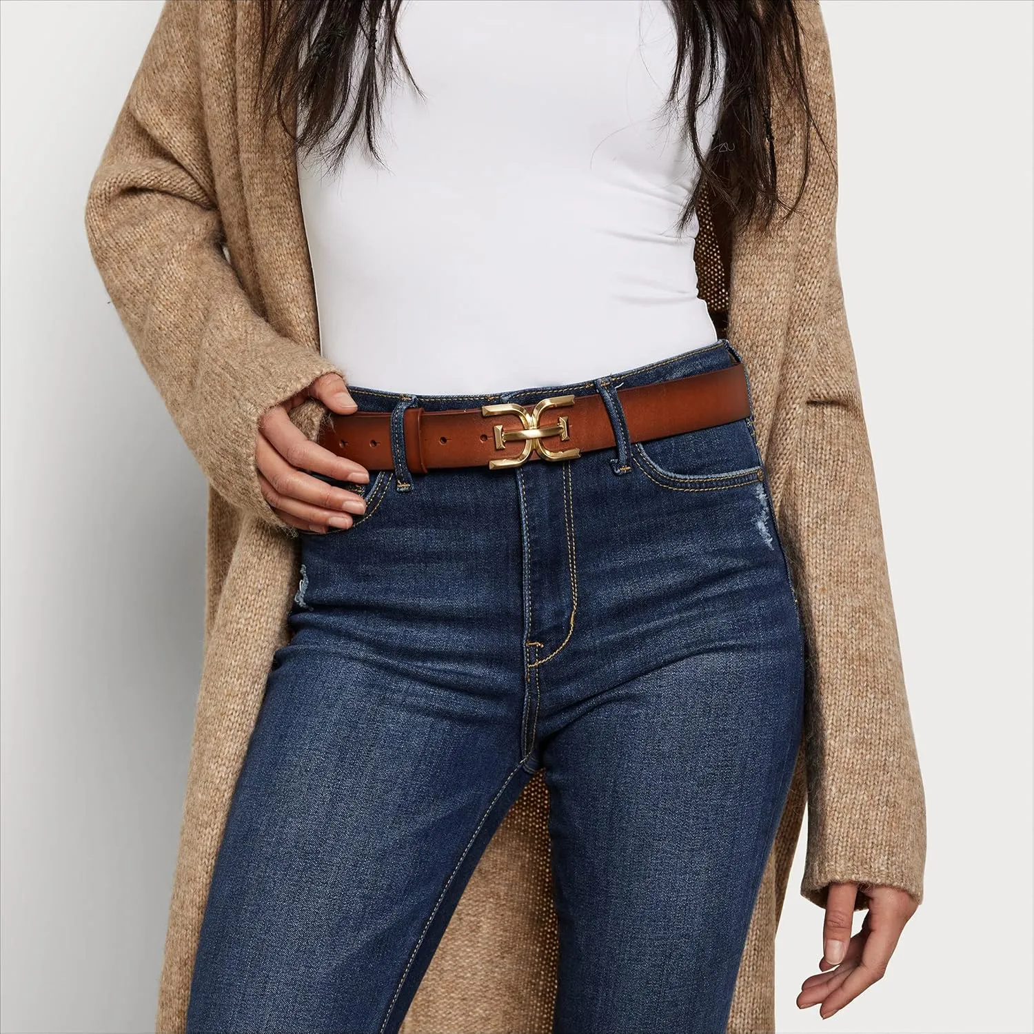 Sam Edelman Women's Casual Double-E Logo Plaque Buckle Leather Belt for Jeans and Trousers