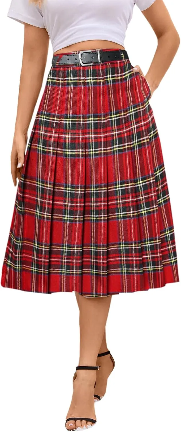 SANGTREE Women's Girls A-Line Long Pleated High Waist Fashion Skirt, School Uniform Cosplay