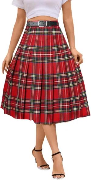 SANGTREE Women's Girls A-Line Long Pleated High Waist Fashion Skirt, School Uniform Cosplay