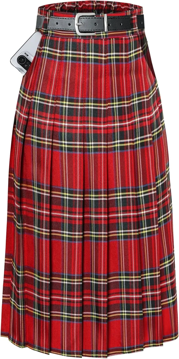 SANGTREE Women's Girls A-Line Long Pleated High Waist Fashion Skirt, School Uniform Cosplay